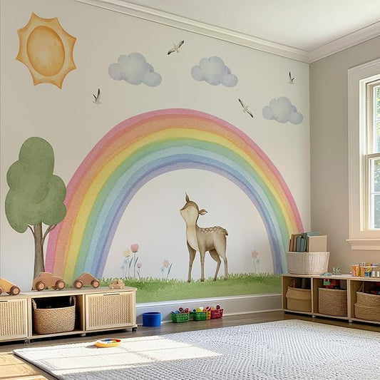 Pastel Boho Rainbow & Woodland Wall Decal Set for Nursery – Watercolor Fawn, Sun, Clouds, Tree, Grass, Birds – Large/XL/XXL