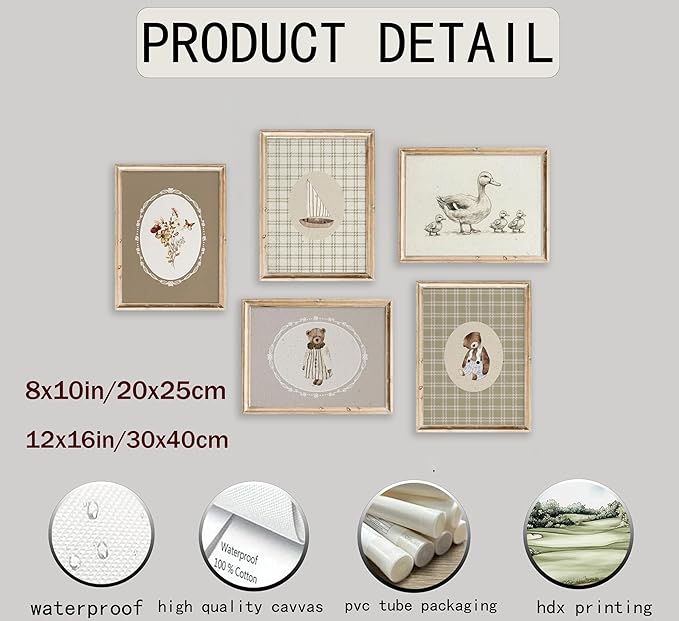 Vintage Nursery Wall Art Kids Room Canvas Wall Decor Animal Pictures Cute Duck and Woodland Bear Posters Neutral Floral and Sailboat Painting Print Artwork for Baby Boy Girl Room Playroom, Unframed