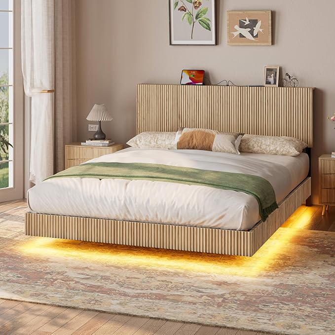 Evermagin Natural Queen Floating Bed Frame with Headboard, Boho Fluted Platform Bed with LED Lights, Heavy Duty Floating Bedframe with Charging Station, No Box Spring Needed
