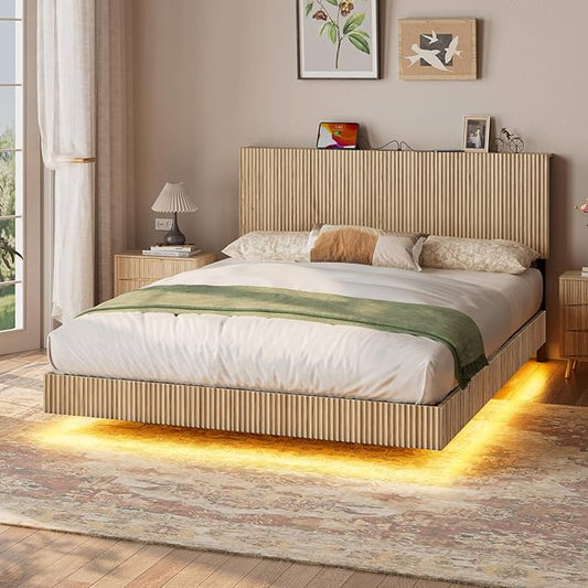 Evermagin Natural Queen Floating Bed Frame with Headboard, Boho Fluted Platform Bed with LED Lights, Heavy Duty Floating Bedframe with Charging Station, No Box Spring Needed