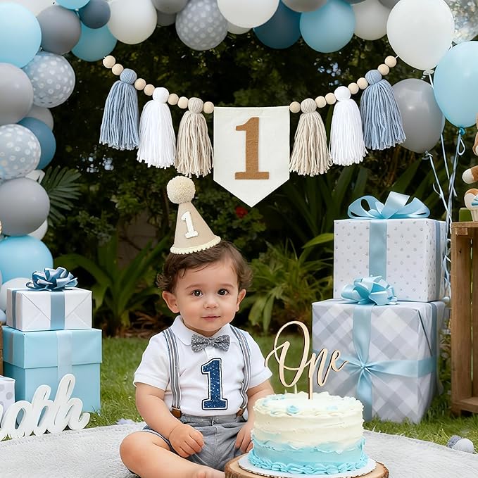 1st Birthday Highchair Banner Decorations For First Boys Khaki Cone Hat With One Cake Topper Photo Backdrop