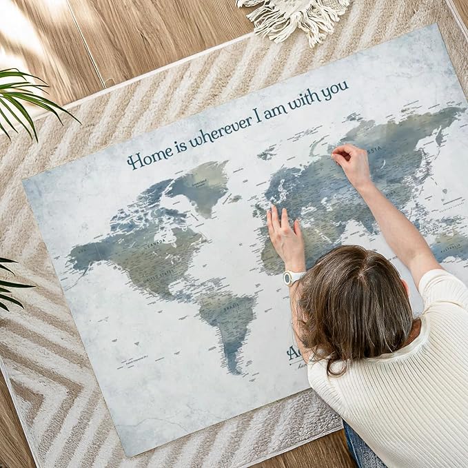 ElephantStock - Home With You II Push Pin World Map Wall Art - Horizontal Canvas Wall Art - Living Room Wall Decor - Digital Art Map Canvas Art - Blue And Gray Decor - 48" x 32"