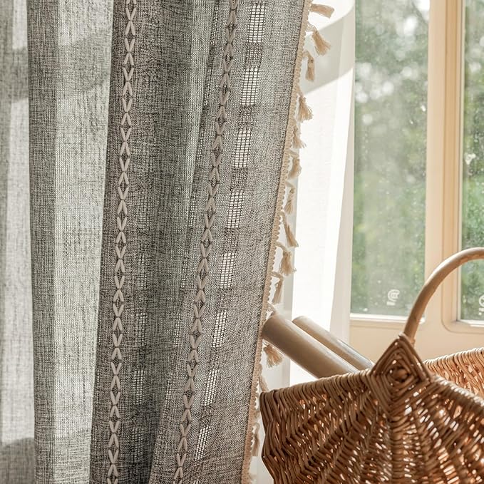 Deeprove Dark Grey Boho Curtain 63 inches Length for Living Room Bedroom Nursery, Chic Bohemian 63 inches Long Abstract Stripe Embroidery Privacy Window Fringe Decor W52 x L63, Single 1 Panel