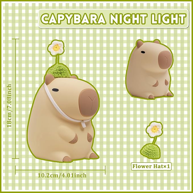 Cute Capybara Night Light, Squishy Animal Flower Lamp with Rechargeable Timer Dimmable, Nursery Nightlight Home Bedside Decor Birthday Christmas White Elephant Gift for Kids Women Friend