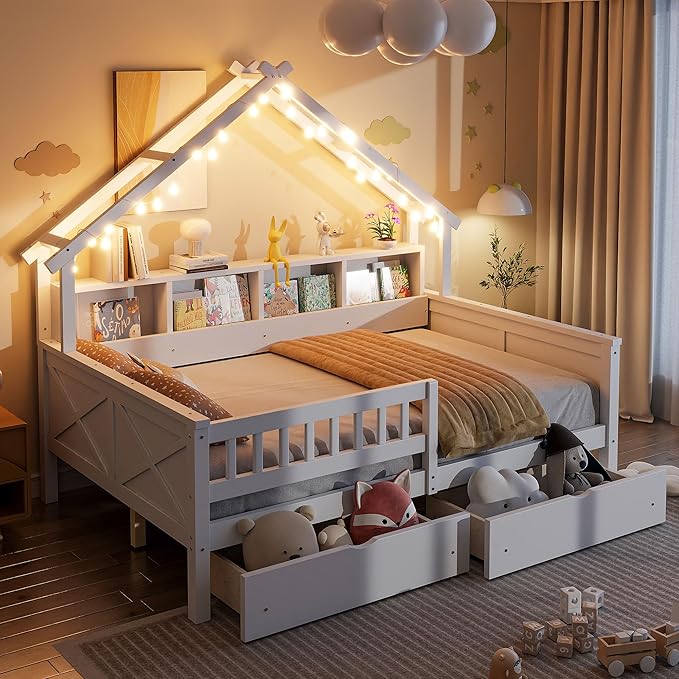 Merax Full Size House Platform Bed with Storage Drawers, Full Toddler Bed with LED Light and Guardrail, Sturdy Wood Frame Support, House Platform Bed with Roof Design for Kids, No Box Spring,White