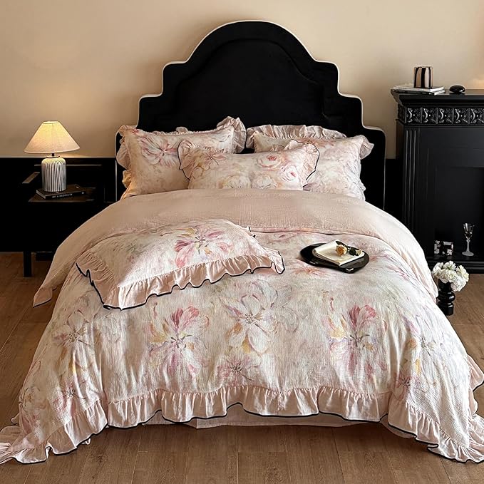 HighBuy Farmhouse Linen Cotton Duvet Cover Full Size,Pink Floral Ruffle Design Muslin Yarn-Dyed Textured Duvet Cover Set Coquette Soft Comforter Cover Ruffle,3 Pieces Cottagecore Bedding Set