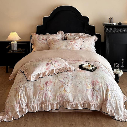 HighBuy Farmhouse Linen Cotton Duvet Cover Full Size,Pink Floral Ruffle Design Muslin Yarn-Dyed Textured Duvet Cover Set Coquette Soft Comforter Cover Ruffle,3 Pieces Cottagecore Bedding Set