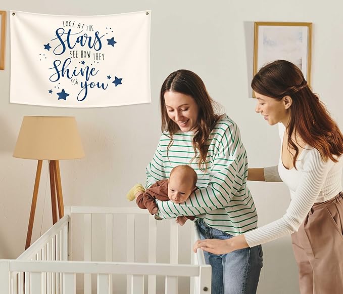 Boho Rectangular Banner Flag Wall Sign Decor Gift for Boy Girl Kids,Nursery Baby Room Above Crib Bedroom Playroom Living Room Wall Decor-Look At the Stars See-Baby Shower Birthday Christmas Gift