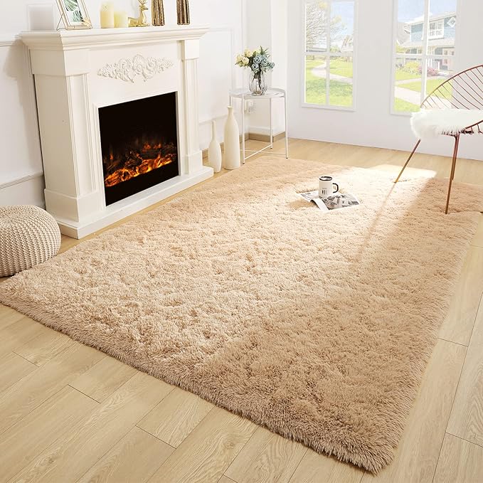Merelax Soft Modern Indoor Large Shaggy Rug for Bedroom Livingroom Dorm Kids Room Home Decorative, Non-Slip Plush Fluffy Furry Fur Area Rugs Comfy Nursery Accent Floor Carpet 5x8 Feet, Light Tan