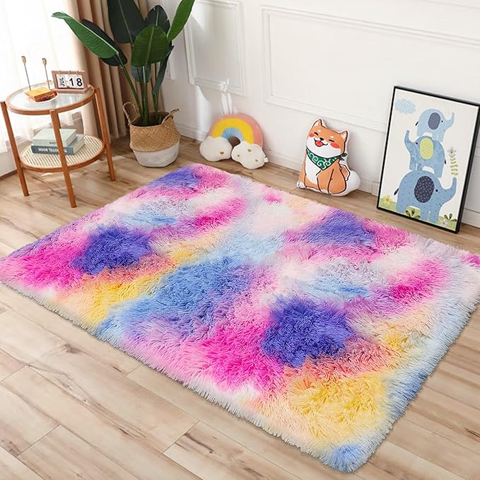 Rainbow Area Rugs 3x5 ft,Tie-Dyed Unicorn Fluffy Fuzzy Shaggy Carpet Soft Plush Furry Rug,for Bedroom Living Room Indoor Floor Rug Kids Girls Boys Home Decor Aesthetic, Dorm Nursery