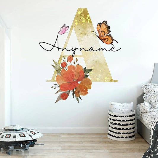 Custom Name Wall Decal Personalized Name with Butterfly Floral Flowers Transparent DTF Vinyl Removable Nursery Wall Decal for Kids Room, Teen Bedroom, Car, Cute Home Decor Gifts for Her Him