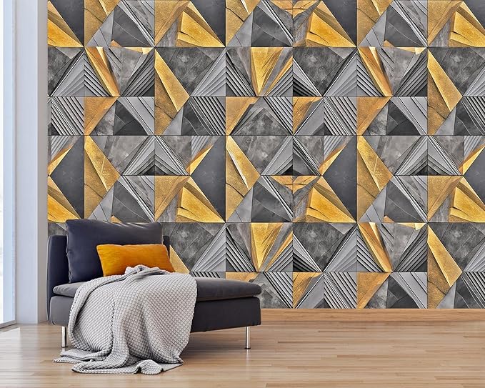 AFZEVEB-3D Geometric Wall Mural Gray and Gold Wallpaper for Bedroom 159"x107"(Not Peel and Stick)