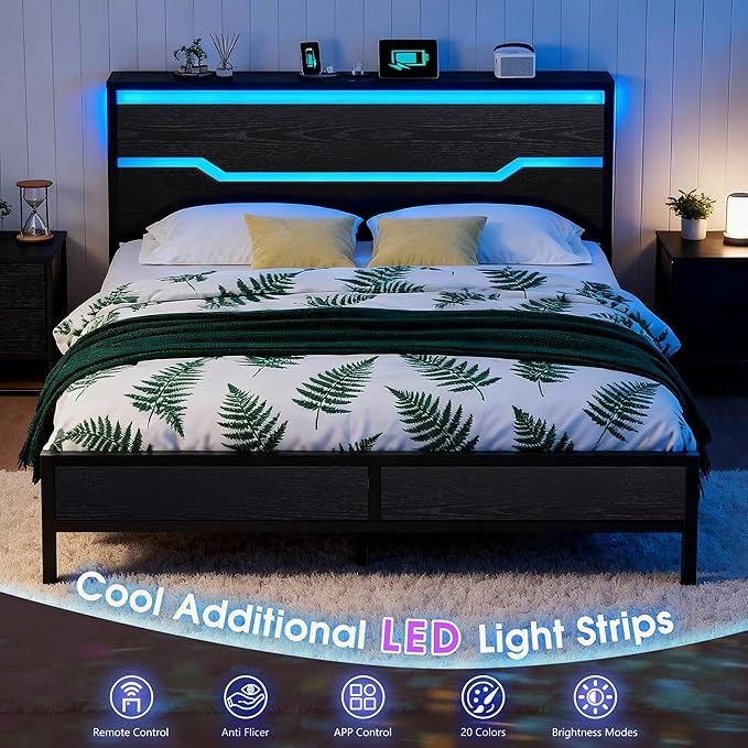 King Size Bed Frame with LED Lights & Charging Station, King Bed Frame and Headboard,13" Under Bed Storage, Noise-Free Heavy Duty Metal Support, Modern Black