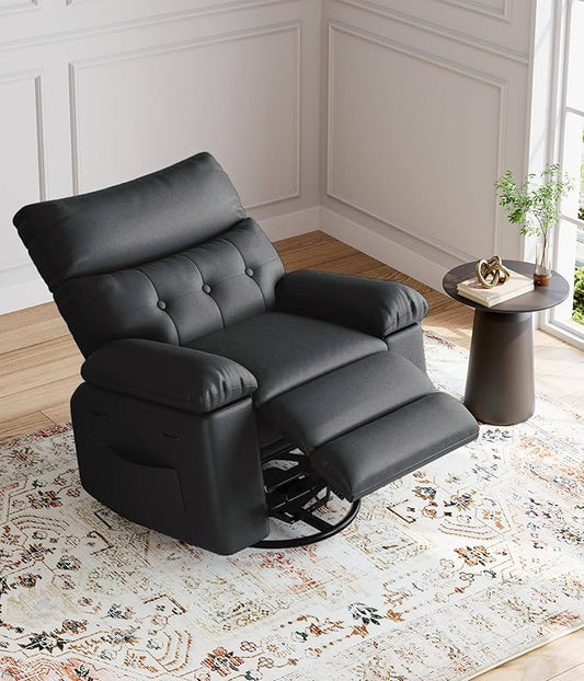 GarveeHome Oversized Wide Rocker Swivel Recliner Chair - PU Leather Manual Recliner for Adults, Large Nursery Chair Lazy Recliner with Comfort Arm and Back for Living Room, Bedroom