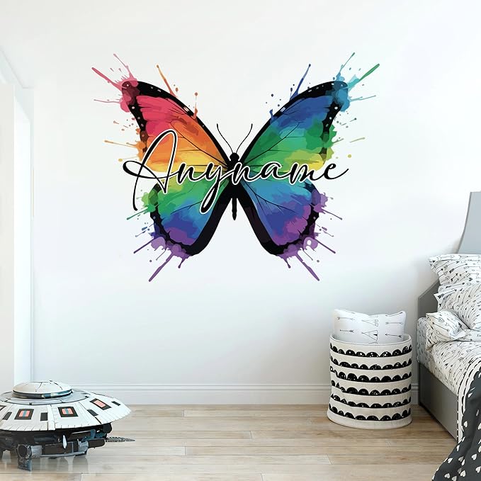 Custom Name Wall Decal Personalized Cute Watercolor Butterfly Name Transparent DTF Vinyl Removable Nursery Wall Decal for Kids Room, Teen Bedroom, Car, Cute Home Decor Gifts for Her Him