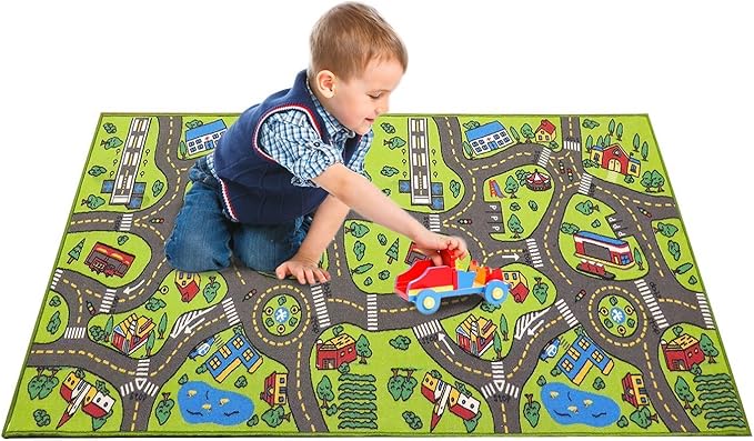 Kids Rug Playmat 80 inches by 40 inches! City Life Great for Playing with Cars and Toys - Play Learn and Have Fun Safely - Educational Road Traffic Play Mat for Bedroom Play Room Game Safe Area