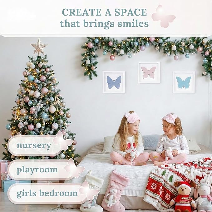 Tide and Tales 3D Butterfly Room Decor for Girls, Set of 3 (7”x7”) Framed Wooden Wall Art for Nursery, Nature-Inspired Bedroom Decorations, Butterfly Decor for Baby Girl, Perfect Baby Gift