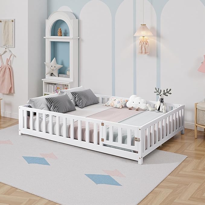 Full Size Floor Platform Bed with Fence and Lockable Door, Wood Montessori Bed Frame with Slat Support for Kids,Girls,Boys, Easy to Assemble,White