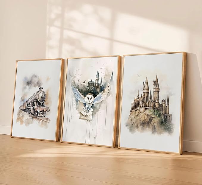 3pcs Magic Nursery Canvas Wall Art Express Train Owl Magic Castle Painting Picture Wall Decor Neutral Watercolor Poster Print Artwork For Kids' Baby Nursery Living Room Decoration Unframed