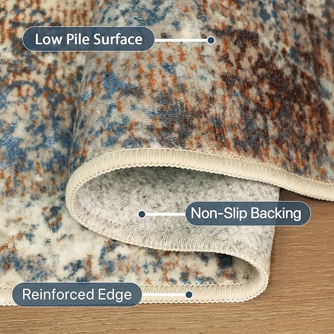 5x7 Area Rugs Washable Blue Rug for Living Room Bedroom, Abstract Modern Large Rug Non Slip, Water Repellent Low Pile Soft Carpet for Dining Room, Blue Rust