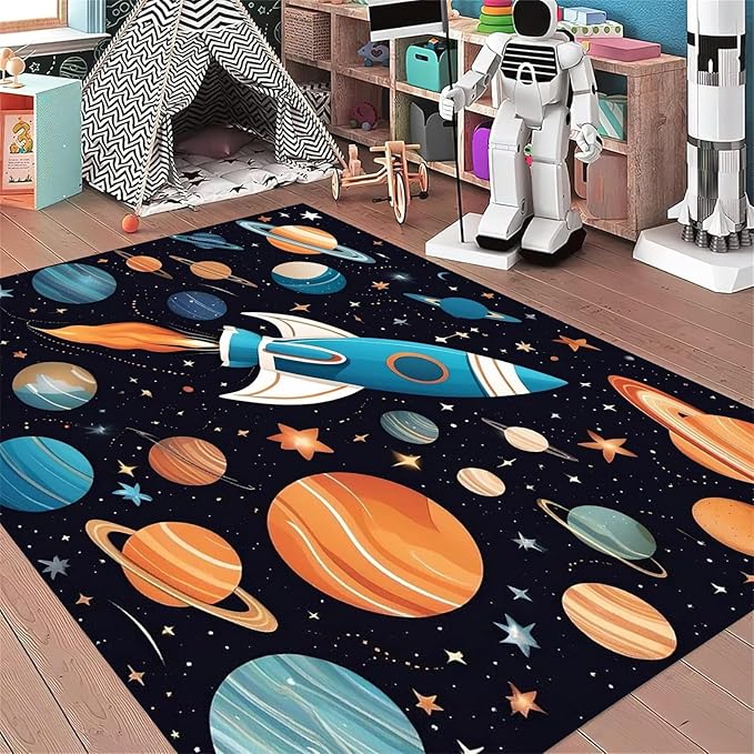 4x5ft Large Space Themed Area Rug - Cartoon Space Solar System Planets Area Rugs, Soft Non-Slip, Machine Washable Polyester Mats, Perfect for Kids Room, Playroom and Nursery, Space Room Decor