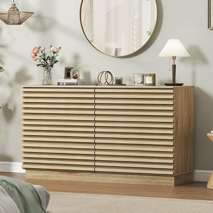 EAG 6 Drawer Dresser for Bedroom, 47" Fluted Storage Cabinet with Drawers, Handleless Design, Modern Wide Dresser TV Stand for Bedroom, Living Room, Hallway, Natural Oak