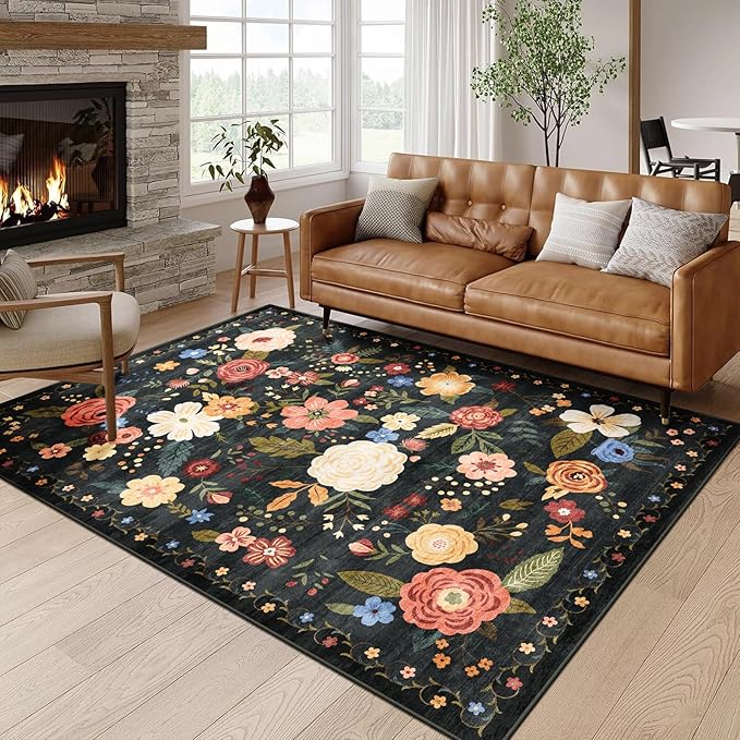 5x7 Washable Area Rug for Living Room, Floral Non-Slip Non-Shedding & Easy Care, Soft Low Pile Boho Indoor Floor Carpet for Living Room, Bedroom, Farmhouse, Dining Room, Kids Playroom, Black