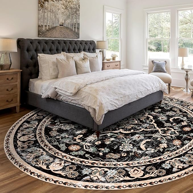 Vhong Boho Area Rugs Vintage Washable Modern Neutral Carpet Black and Brown 9×9 High Traffic Round Rugs for Dinning Room Living Room Bedroom Farmhouse Non Slip