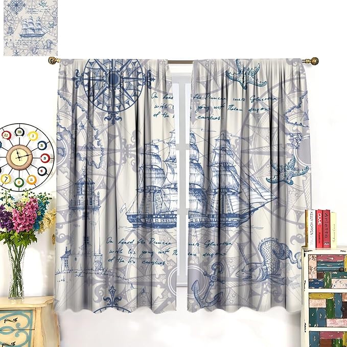 Nautical Sailboat Map Curtain,Ship Compass Lighthouse Anchor Decorative Curtain Polyester Fabric Waterproof Bedroom Curtain Set 2 Panels,42x45 Inches