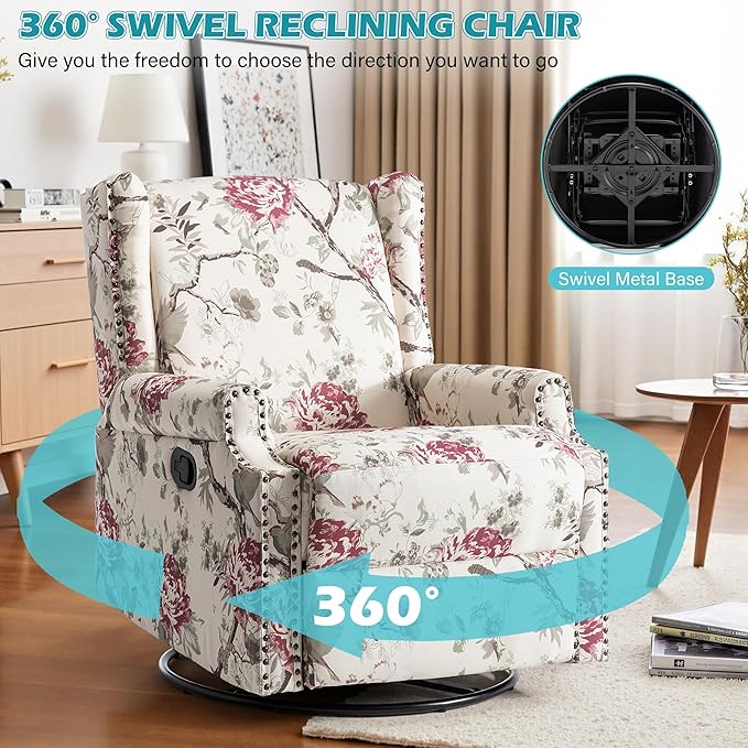UIXE Swivel Glider Recliner Chair for Adults, High Back Nursery Rocker Floral Upholstered Armchair for Living Room, Manual Reclining Rivet Trim Sofa Lounge with Deep Seat in Fabric - Beige