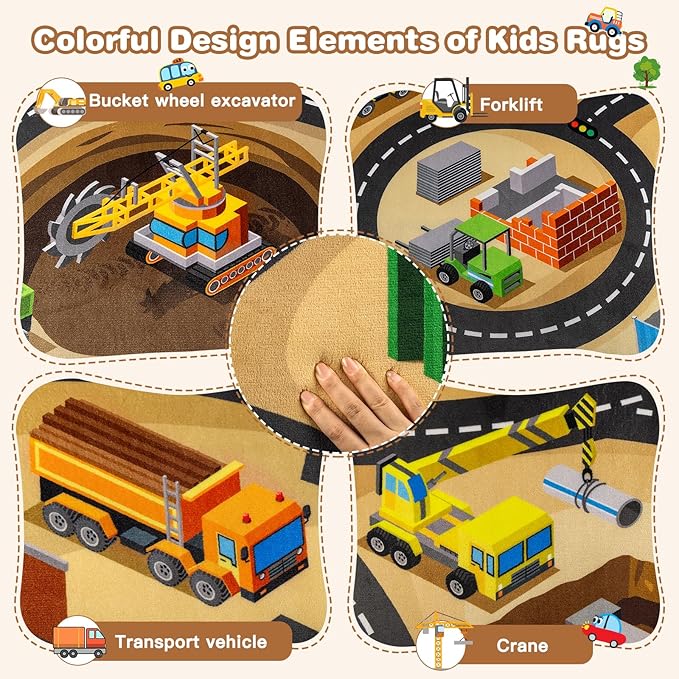 Kids 5x7 FT Construction Site Car Rug - Extra Thick (0.4in),Tufted Wool & Rubber, Non-Slip, Stain & Fade Resistant, Machine Washable, Rustic Cartoon Construction Site Pattern