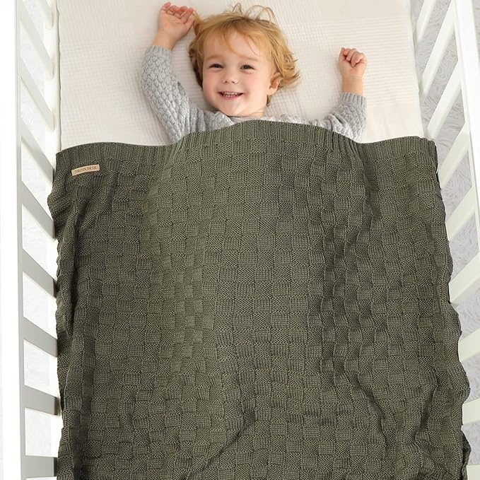 LAWKUL Baby Blankets Cable Babe Blanket Checkered Soft Cuddle Newborn Infants Receiving Swaddle Boys Girls Dark Green 40"x30"