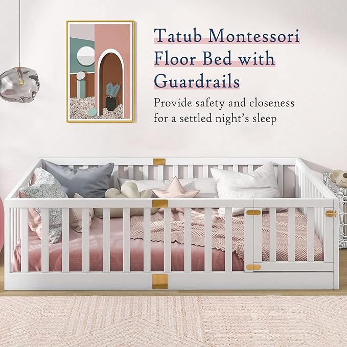 Tatub Full Montessori Floor Bed with High Rails, Solid Wood Montessori Bed Frame for Kids, Door Can Install Left and Right, Full-White