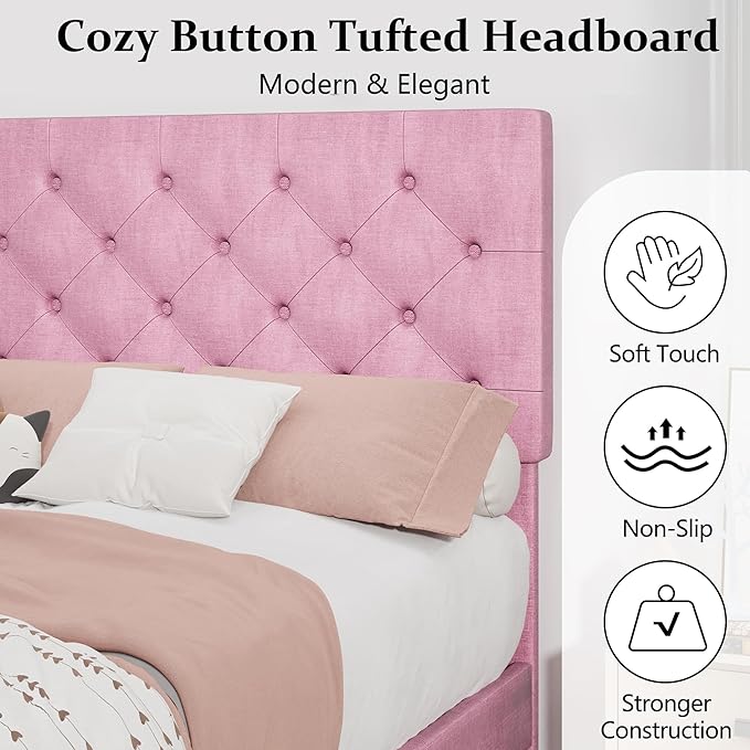 BarnFurin Twin Bed Frames with Button Tufted Headboard, Linen Upholstered Platform Bed with Wooden Slats Support, Princess Bed Frame for Girls, Easy Assembly, No Box Spring Required, Pink