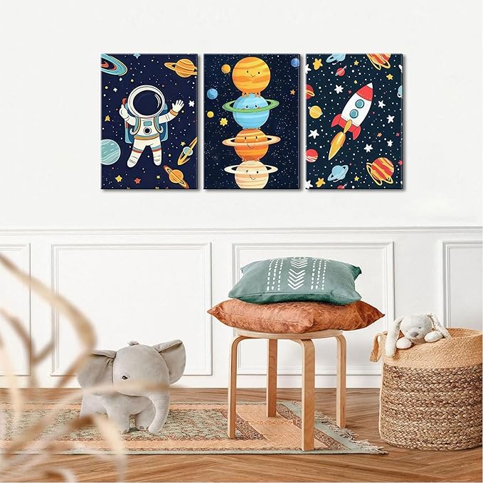 3Pcs Space Nursery Canvas Wall Art Whimsical Outer Space Astronauts Kid Decor Pictures Rocket Planet Posters Prints for Boys Room Girls Room Kids Room Decoration