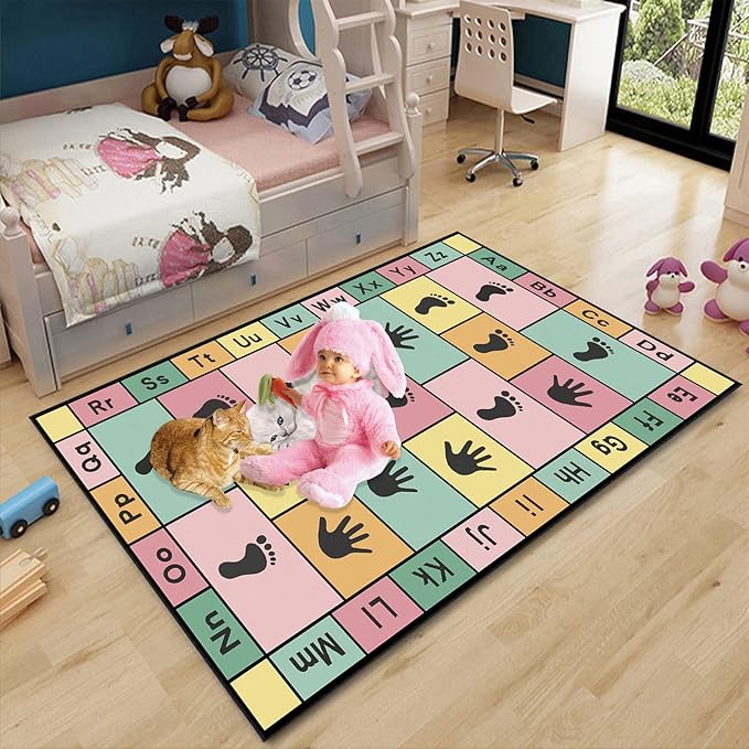 Hopscotch Play Rugs Kids, ABC Alphabet Education Carpet, Playroom Bedroom Living Room Decor Learning mat (Pink,39x71 in)