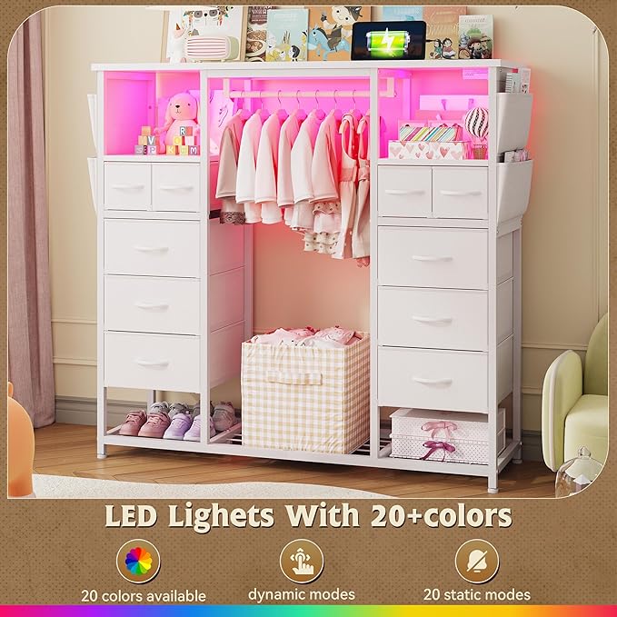 51.2" H White Dresser with Hanging Rack, 10 Drawers Dresser for Bedroom, Fabric Chest of Drawers with LED Lights & Charging Station, Wooden Top & Sturdy Frame, White