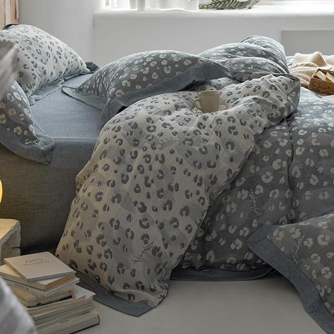 Grey Leopard Print Duvet Cover Queen Yarn-Dyed Cotton Linen Textured Duvet Cover Jacquard Design Bedding Set Queen Vintage Animal Cheetah Print Comforter Cover Leopard Pattern Boho Floral Bedding Set