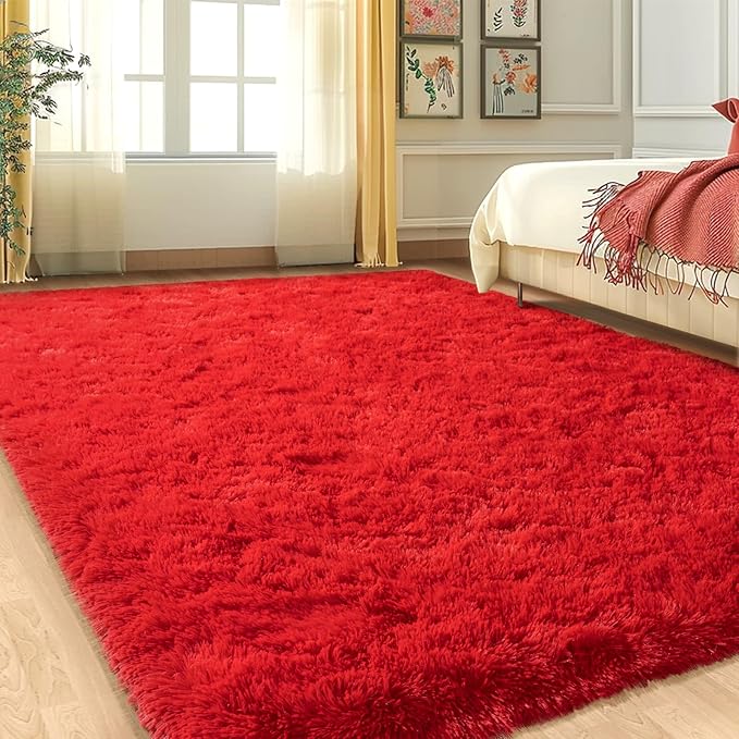 5x7 Red Rugs for Bedroom, Soft Fluffy Shaggy Rugs for Living Room, Non-Slip Modern Indoor Fuzzy Shag Floor Rug for Home Decor Aesthetic