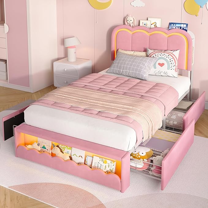 Maupvit Twin LED Bed Frame with Storage Headboard and 4 Drawers, Upholstered Platform Bed Frame with Bookcase, Velvet Princess Bed for Kids Girls, Charging Station, No Box Spring Needed, Pink