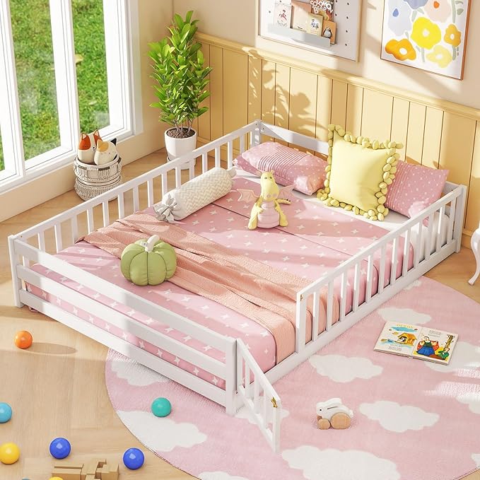 Giantex Full Floor Bed with Door & Fence, Kids Wood Montessori Beds with Safety Guardrails, Floor Bed Twin for Kids, Boys, Girls, No Box Spring Needed, White