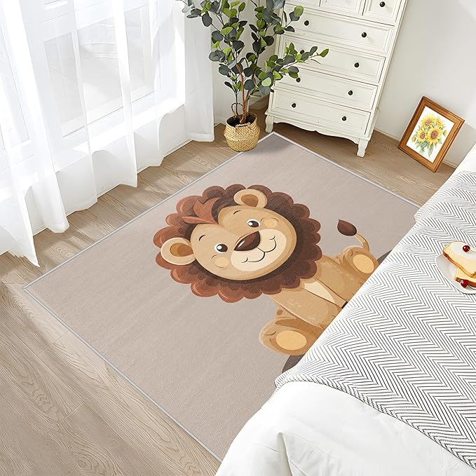 Lion Rug for Nursery - 5x6 Rug - Lion Rug - Cute Cartoon Safari Area Rug - Kids Baby Nursery Playroom Rugs - Kawaii Zoo Animal Carpet - Home Decor