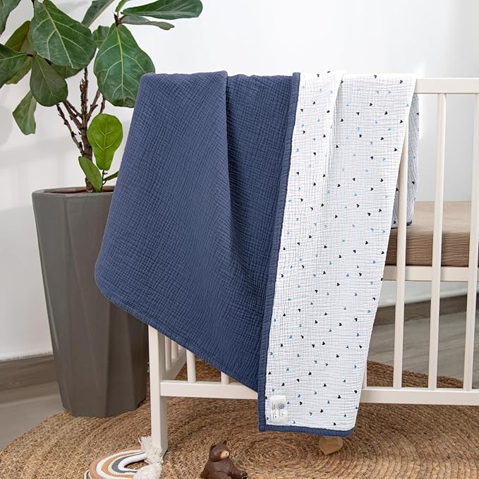 lulumoon Muslin Baby Blanket - Cotton Quilt Blankets for Toddlers - Reversible Nursery Crib Blanket for Baby Boys and Girls 47"x47"(Blue)