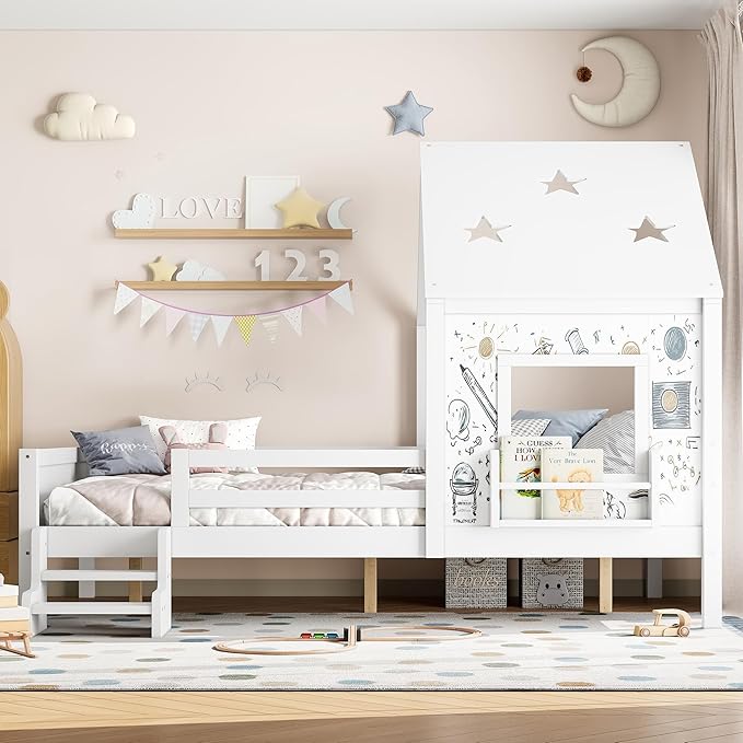 Bellemave Full House Bed with Rails or guardrails and Bookcase, Wooden Full House Shape Platform Bed for Boys, Girls, Teens, White