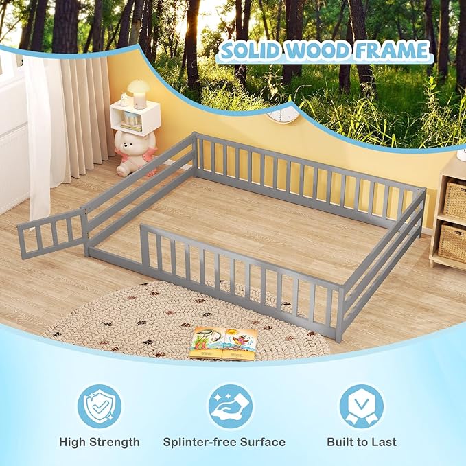 Giantex Full Floor Bed with Door & Fence, Kids Wood Montessori Beds with Safety Guardrails, Floor Bed Twin for Kids, Boys, Girls, No Box Spring Needed, Grey