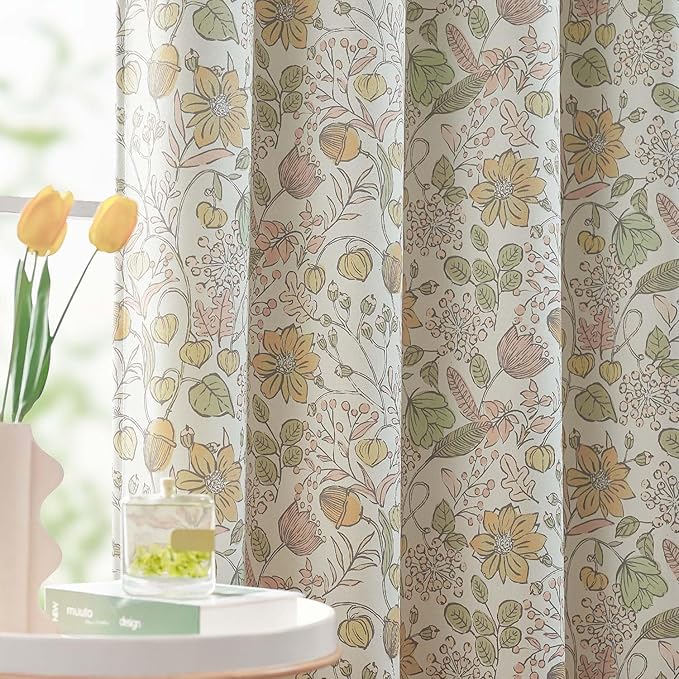 Vangao Yellow Nursery Curtains for Girls Room Floral Blackout Dorm Curtains 63 Inch Length Farmhouse Drapes for Bedroom Room Darkening Flower Patterned Window Treatment for Kids Set of 2