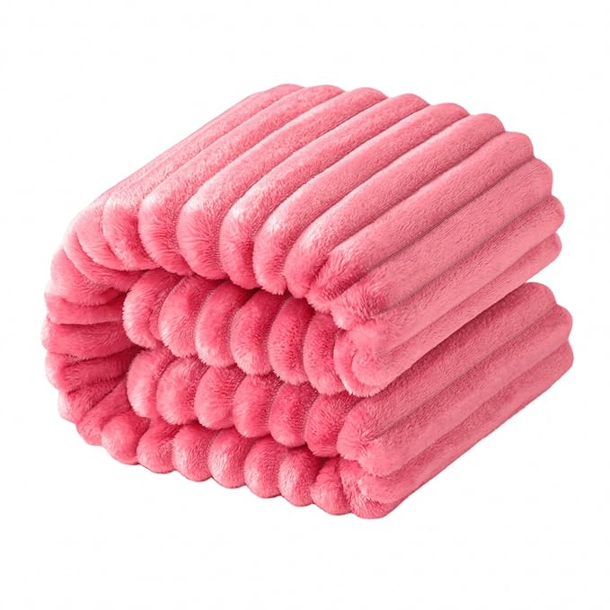 NTBAY Plush Flannel Twin Bed Blanket, 60X80 Inches Soft and Warm Lightweight Blanket with Striped Texture Bed Blanket for Couch Sofa Bed All Seasons, 60"x80", Coral Pink