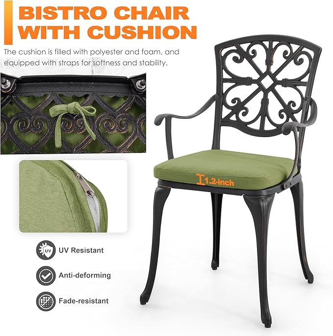 NUU GARDEN 3-Piece Outdoor Bistro Set with Cushions, Round 24 Inch Cast Aluminum Round Table with 1.77" Umbrella Hole and 2 Cast Aluminum Armchairs with Cushions, Black with Gold-Painted Edge