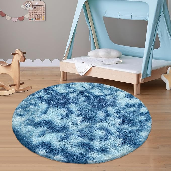 4 ft Round Fluffy Blue White Rug for Bedroom,Tie Dyed Furry Round Carpet Non Slip Fuzzy Shaggy Plush Circle Area Rug Rug for Living Room Room Nursery Room Playroom Kids Room Home Decor Washable