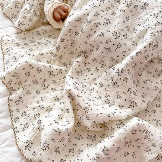 BuLuTu Vintage Blue Floral Muslin Toddler Blanket, 100% Cotton Large Baby Quilt 47x51 Inch, Chic Shabby Plumbago Flower Pattern Swaddling Blankets for Girls Boys, Nursery Decor